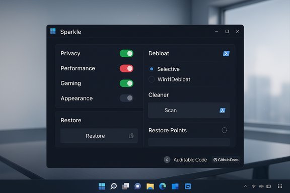 Dark Sparkle app UI showing privacy, performance, gaming, debloat, and cleaner options on a Windows-like desktop.
