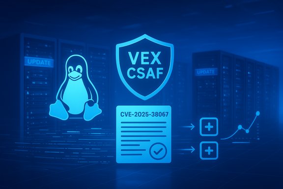 Blue-toned data center infographic showing Linux penguin, VEX CSAF shield, CVE-2025-38067, and update icons.