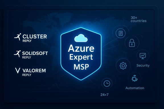 Azure Expert MSP shield glows over a world map with 30+ countries and security icons.