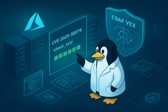 Penguin in a lab coat points at a screen showing CVE-2025-38074 in a data center.