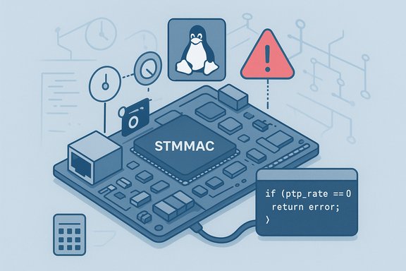 STMMAC Ethernet MAC on a board, with Linux penguin icon, warning sign, and a code snippet. STMMAC Ethernet MAC on a board, with Linux penguin icon, warning sign, and a code snippet.
