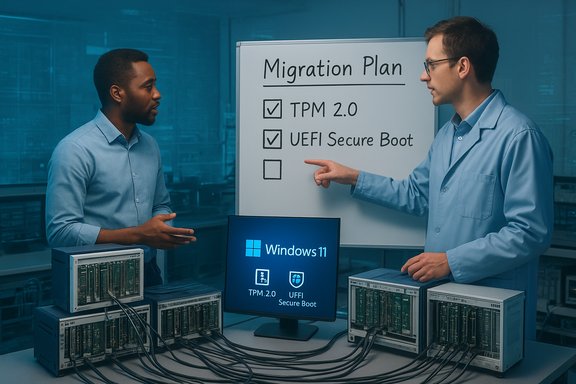 Two IT professionals discuss a Windows 11 migration plan highlighting TPM 2.0 and UEFI Secure Boot.