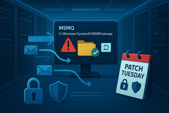 Data center scene showing a monitor with MSMQ storage warning, patch Tuesday calendar, and security icons.
