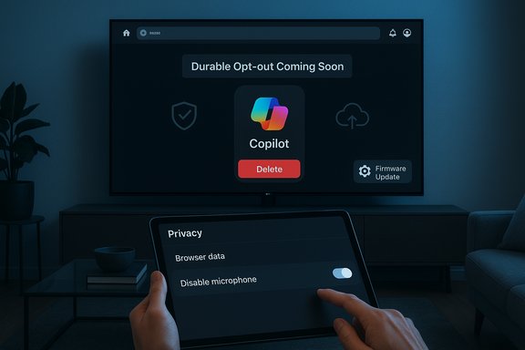A cozy living room with a TV showing Copilot options and a tablet displaying privacy settings.