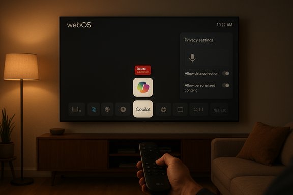 Dim living room as a hand uses a remote to browse webOS on a wall-mounted TV.