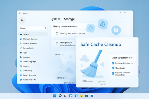 Windows Settings screen showing Storage options and a Safe Cache Cleanup prompt.