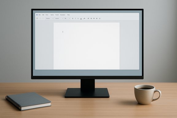 A desktop monitor on a wooden desk displays a blank document, with a notebook and coffee nearby.