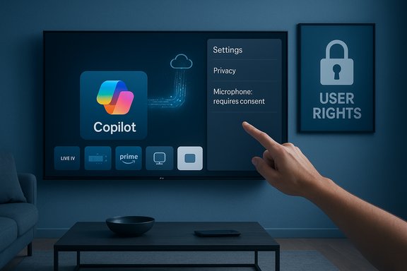A hand taps settings on a wall-mounted screen showing Copilot and privacy options.