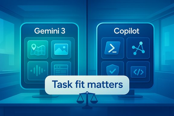 Gemini 3 and Copilot panels with a 'Task fit matters' banner and a scales icon.