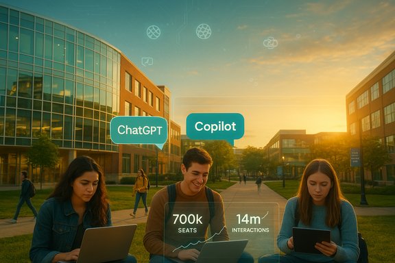 Campus students use laptops under holographic AI tools like ChatGPT and Copilot.