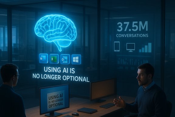 Two people discuss AI beside a glowing blue brain hologram and the slogan “Using AI is no longer optional.”