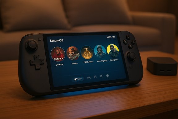 Steam Deck on a table, running SteamOS with circular game icons. Steam Deck on a table, running SteamOS with circular game icons.
