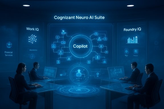Team in a blue Cognizant Neuro AI Suite analyzes Copilot on holographic displays.