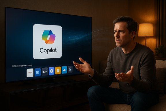 A man sits on a couch, gesturing toward a TV displaying the Copilot logo.