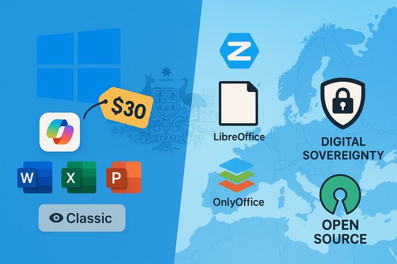 Blue split illustration contrasting MS Office icons on the left with LibreOffice and OnlyOffice on the right.