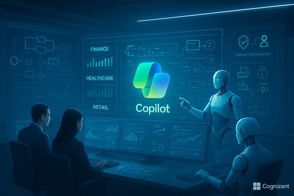 Futuristic control room where a robot presents Copilot to two analysts.