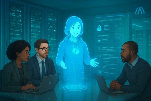 A glowing holographic assistant explains data and security to three coworkers in a server room.