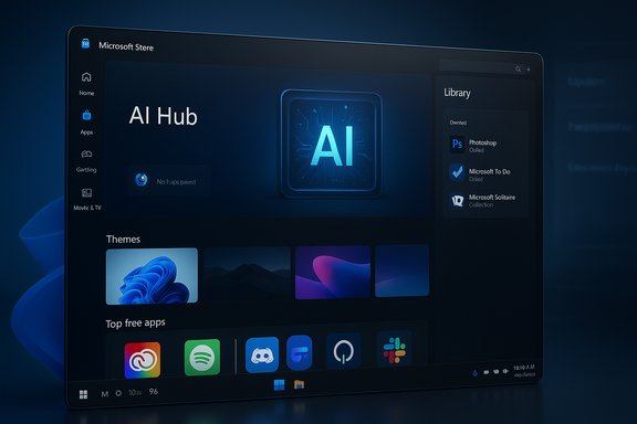 Sleek Microsoft Store UI on a curved screen featuring AI Hub, library panel, and app thumbnails.