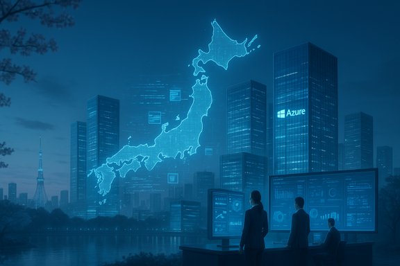 Futuristic city skyline with a glowing holographic map of Japan and Azure branding.