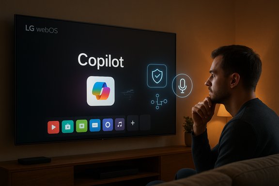 A man on a couch studies the LG webOS Copilot interface on a large TV screen.