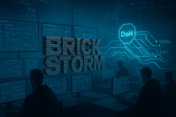 A futuristic cybersecurity operations room with the BRICK STORM logo and glowing DoH circuit graphics.