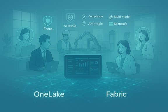 A futuristic lab with professionals around a central dashboard promoting OneLake Fabric.