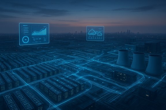 Futuristic cityscape with blue holographic dashboards and glowing data lines across an industrial campus.