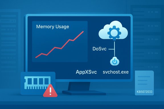 A computer monitor shows rising memory usage, with DoSvc linked to svchost.exe and a warning icon. A computer monitor shows rising memory usage, with DoSvc linked to svchost.exe and a warning icon.