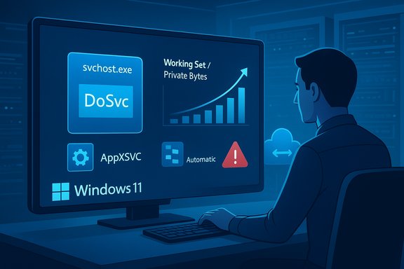 A person at a computer monitors a Windows 11 dashboard featuring DoSvc and svchost.exe. A person at a computer monitors a Windows 11 dashboard featuring DoSvc and svchost.exe.