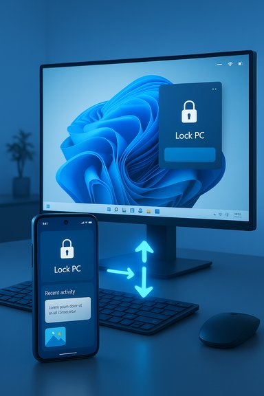 Blue-toned desk setup showing a phone and monitor with “Lock PC,” symbolizing remote PC lock.