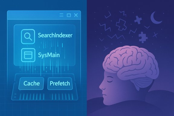 Split image: left shows a UI with Cache and Prefetch, right shows a brain silhouette.
