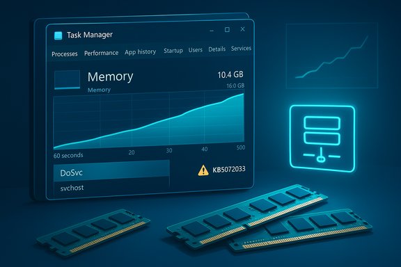 Neon blue Task Manager window shows memory usage with RAM sticks on a futuristic desk.