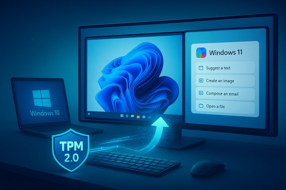 Blue-tinted desk setup with Windows 11 on a large monitor, a Windows 10 laptop, and a TPM 2.0 shield.