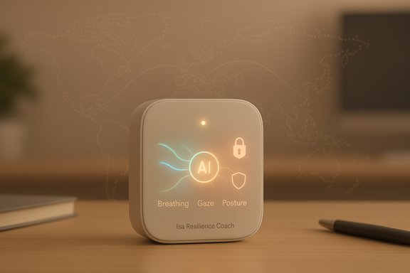 A compact AI resilience coach device on a desk glowing with breathing, gaze, and posture indicators.