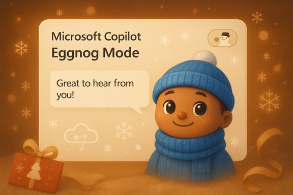 Microsoft Copilot Eggnog Mode: greeting from a cute cartoon kid in a blue knit hat.