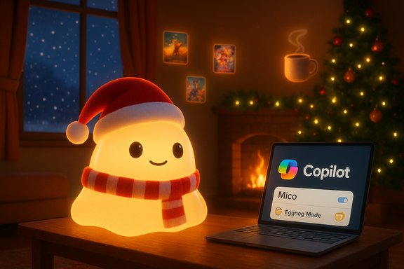 A warm Christmas scene with a glowing snowman lamp, a laptop showing Copilot, a lit tree, and a fireplace.