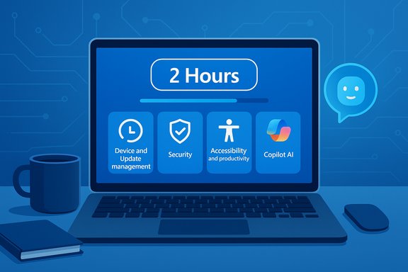 Blue laptop screen displaying a 2 Hours progress with four tiles: device management, security, accessibility, Copilot AI.