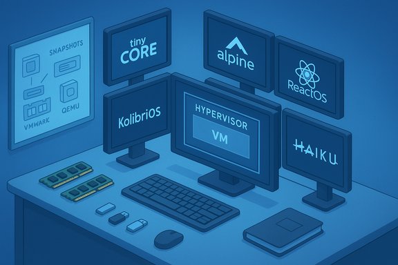Blue-toned workstation with multiple monitors displaying various OS logos and a VM hypervisor.