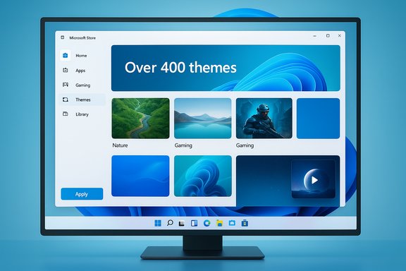Monitor shows a Microsoft Store page with an 'Over 400 themes' banner and various theme thumbnails.