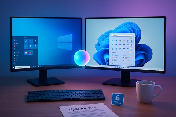 Dual-monitor Windows 11 setup with a glowing orb, TPM 2.0 badge, an upgrade plan, and a coffee mug.
