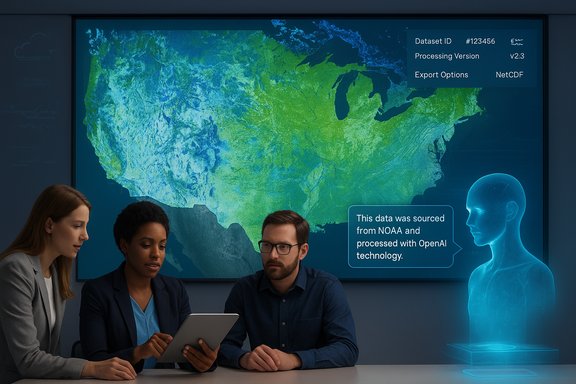 A team analyzes a NOAA map on a large screen, aided by AI and a holographic figure.