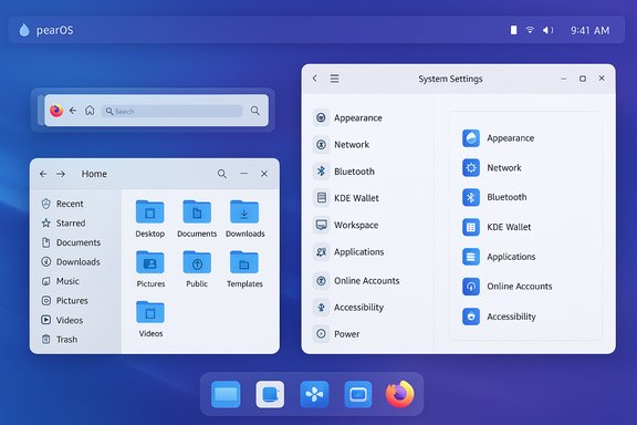 A pearOS desktop with blue UI, showing System Settings, a Home folder, a browser bar, and a compact dock.