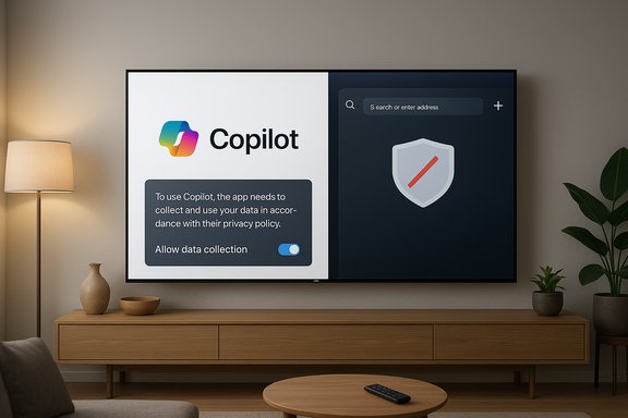 A modern living room with a large TV showing Copilot onboarding and a privacy toggle.