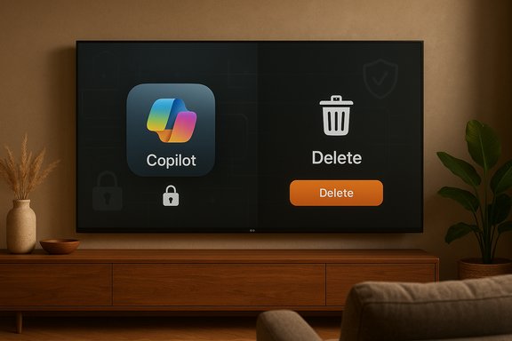 A living room with a large TV displaying Copilot on the left and a Delete option on the right.