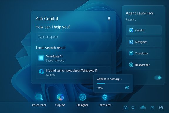 A blue Windows-style Copilot interface with search results and launcher panels.
