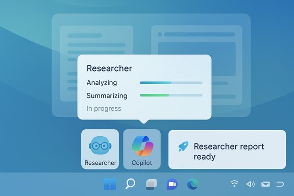 Blue AI dashboard with a 'Researcher' progress card showing analyzing and summarizing bars.