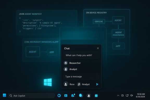 Dark blue holographic UI showing agent manifests, device registry flow, and a floating chat window.