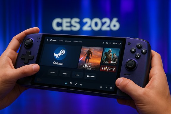 A person holds a Steam Deck displaying Steam library against a CES 2026 blue backdrop.