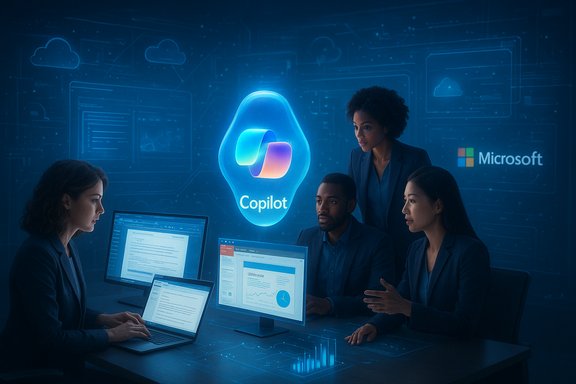 Diverse team collaborates around a holographic Copilot logo in a Microsoft briefing. Diverse team collaborates around a holographic Copilot logo in a Microsoft briefing.