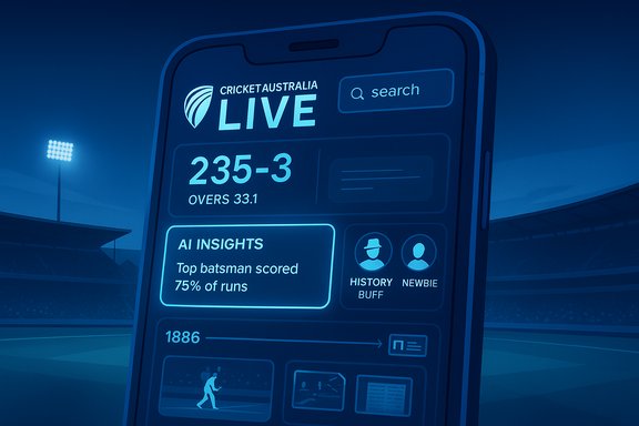 Cricket Australia LIVE app on a giant phone displaying 235-3 and AI insights.